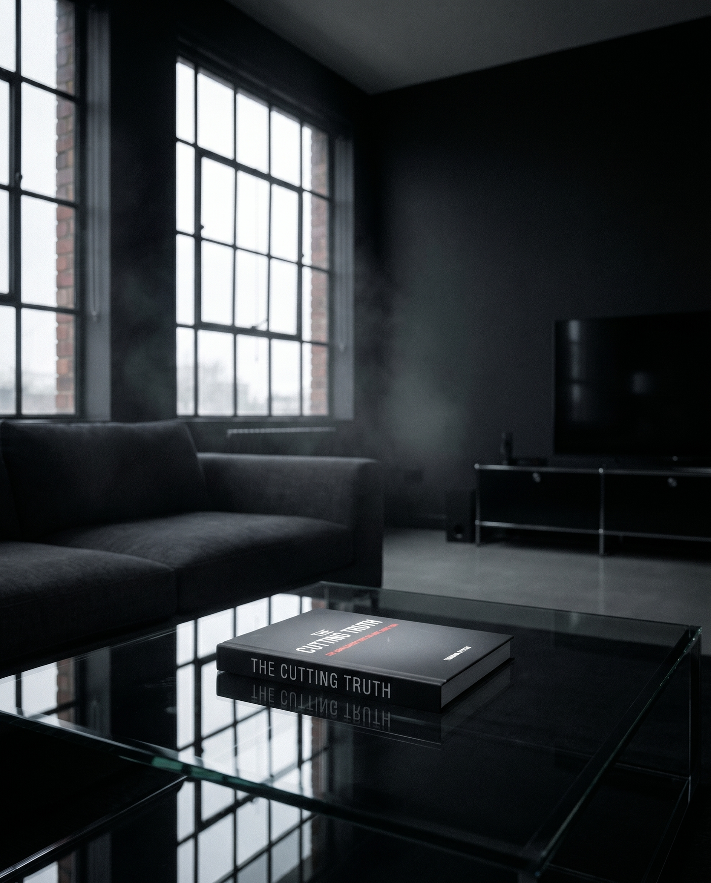 The Cutting Truth barbering book by Teegan Dyson on glass table — moody dark room setting